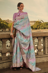 Handloom weaving designer satin silk saree with detailed indian inspired design